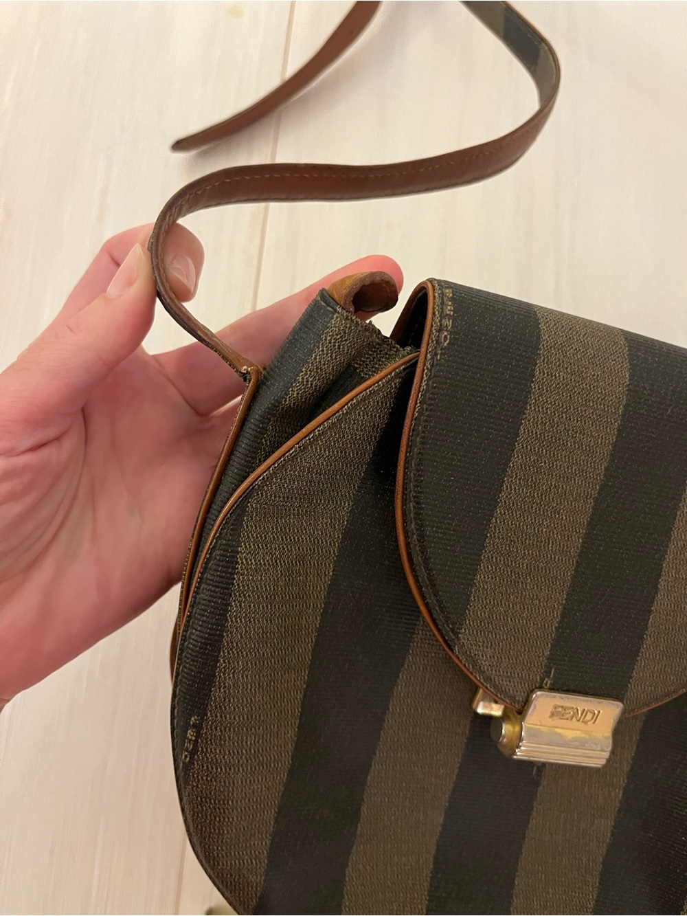 Fendi Black and Brown Striped Crossbody with Gold-Tone Logo Clasp - Picture 6 of 9